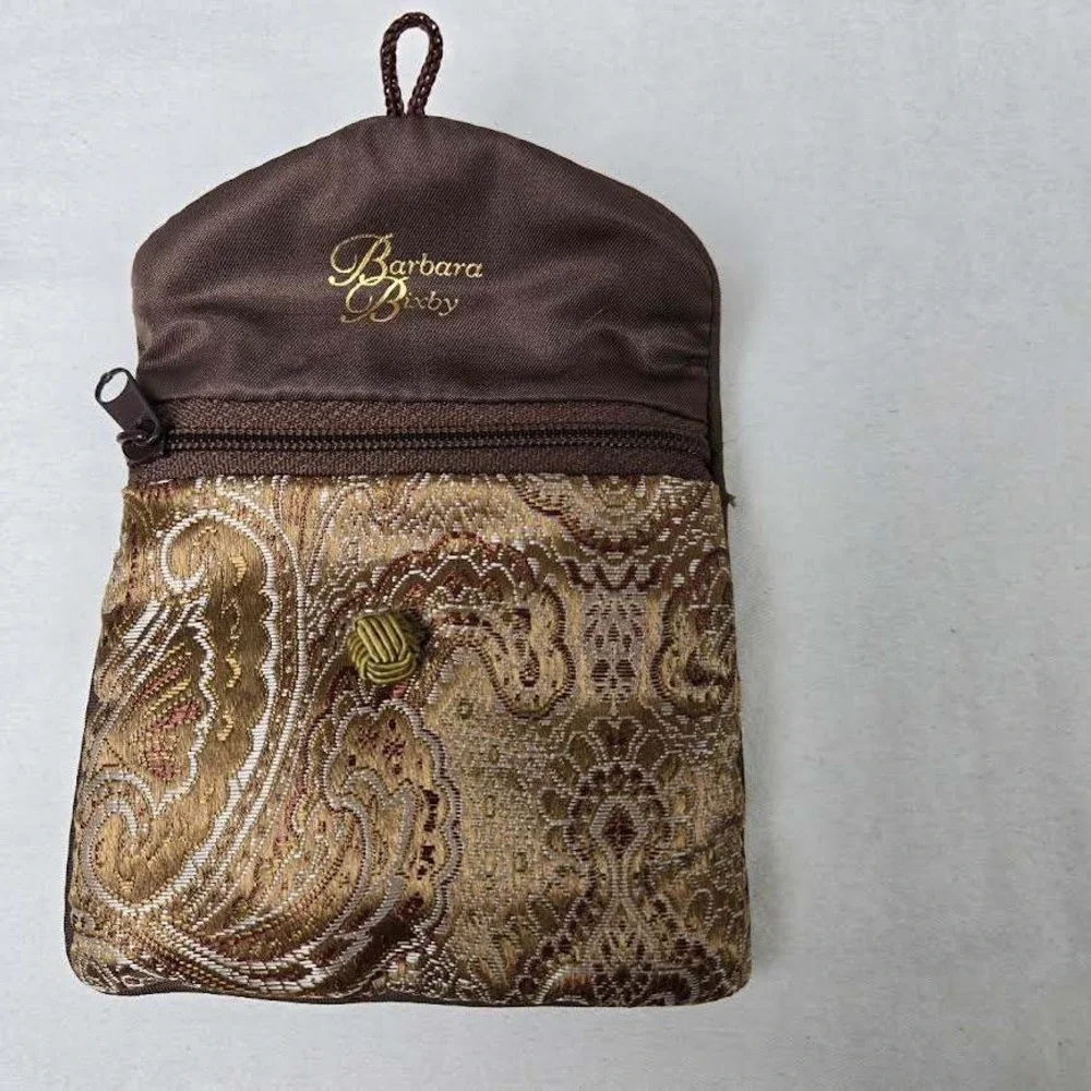 VTG Barbara Bixby Jewelry Pouch Brown Gold Satin Paisley Brocade Travel Bag Smal
